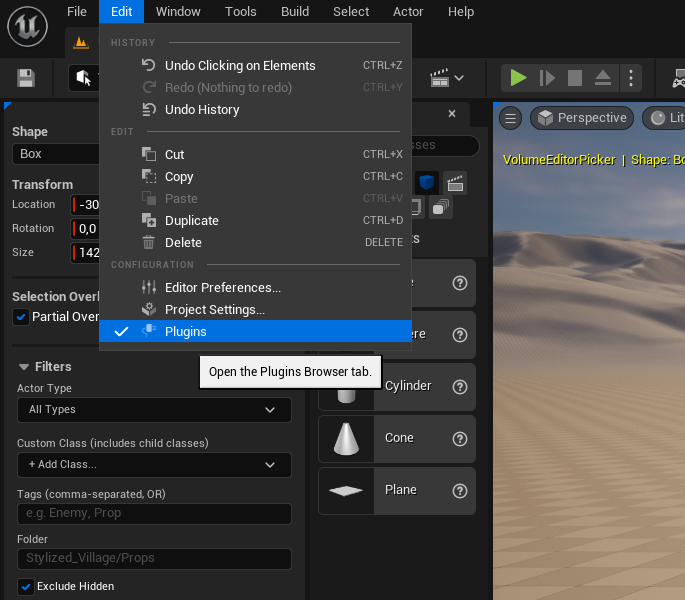 Plugins window with Volume Editor Picker enabled