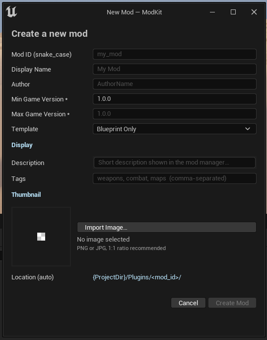 Create Mod dialog